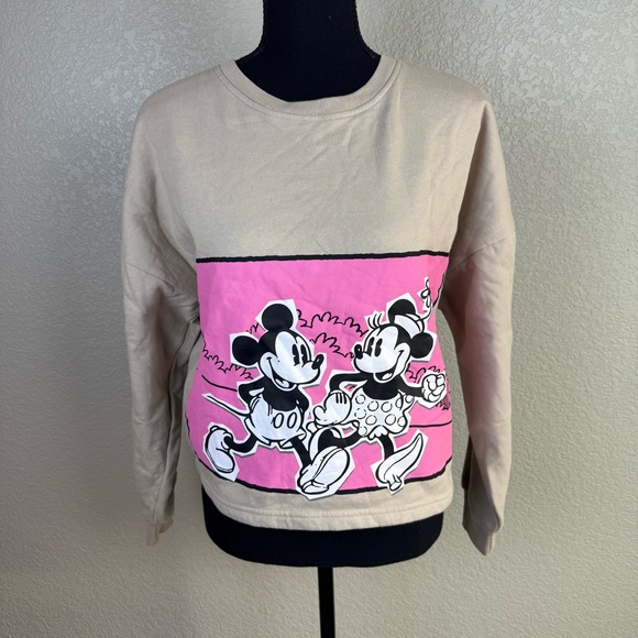 Disney Mickey Mouse Crewneck Crop Sweatshirt Pink Graphic Comfy Pullover - Picture 1 of 5